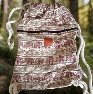 Elephant Patterned Drawstring Backpack Cotton T-BAGS Crafts Hike Boho Festival
